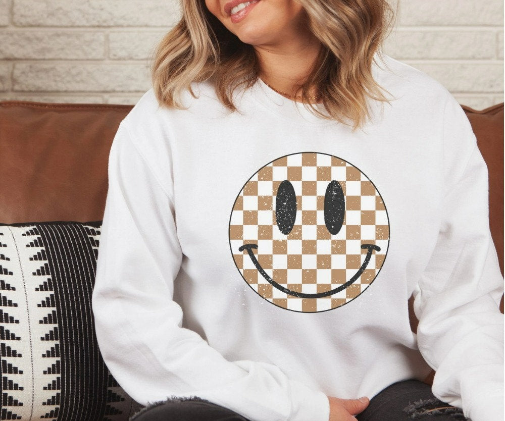 Brown Checker Happy Smiley Face Crew Neck Sweatshirt- Amy Anne Apparel Inc