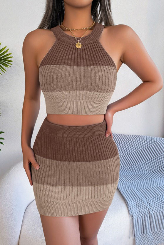 Block Halter Tank Top with Skirt Unshi (Brown)