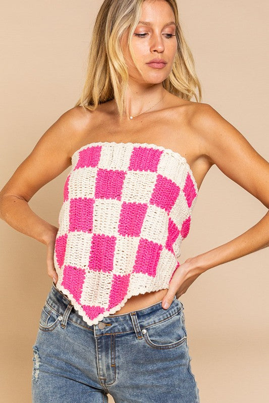 Checkerboard Pattern Tube Top Sweater (Cream Pink)