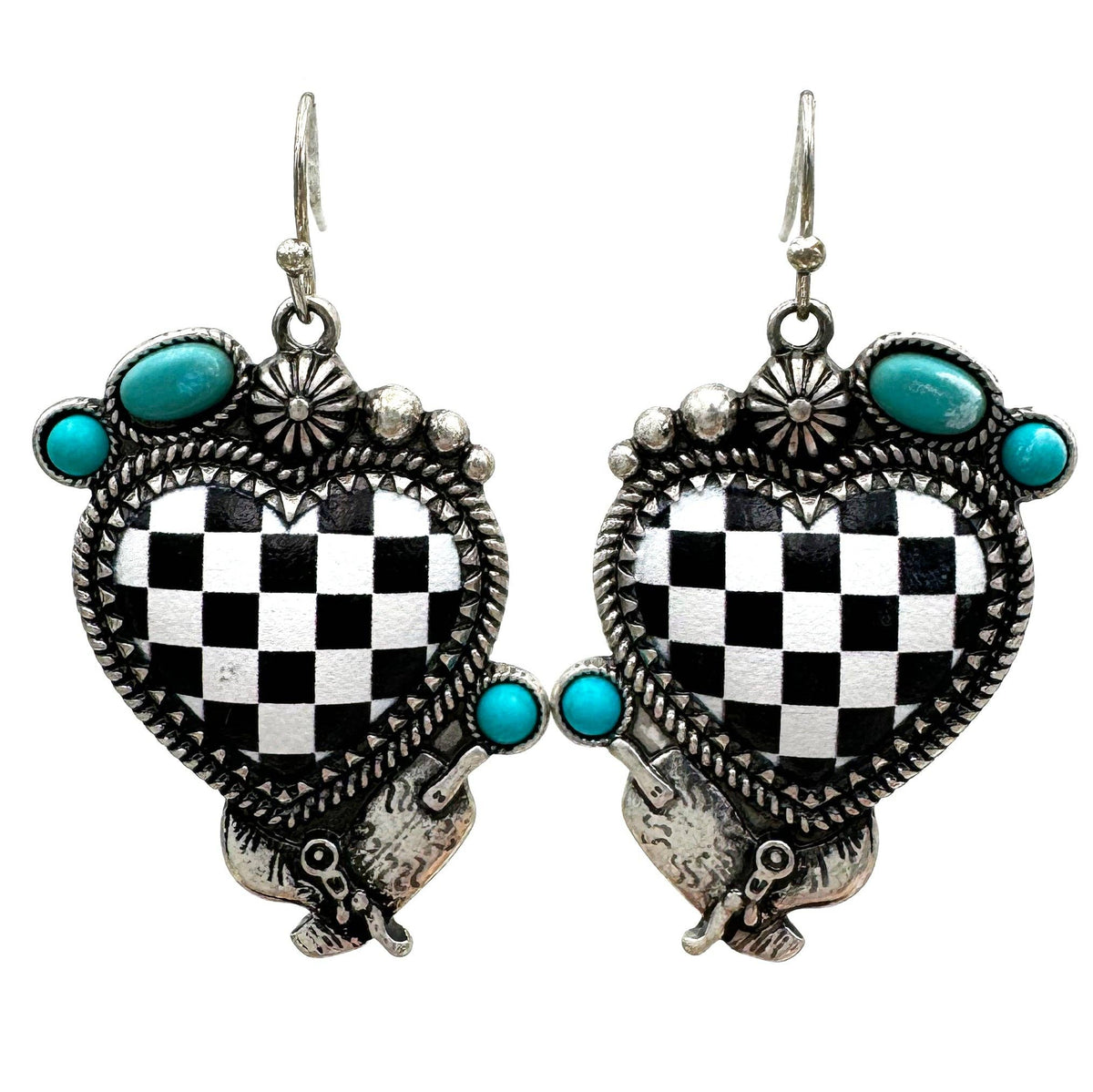 Checkered Print Western Heart Earrings Lunar Deer