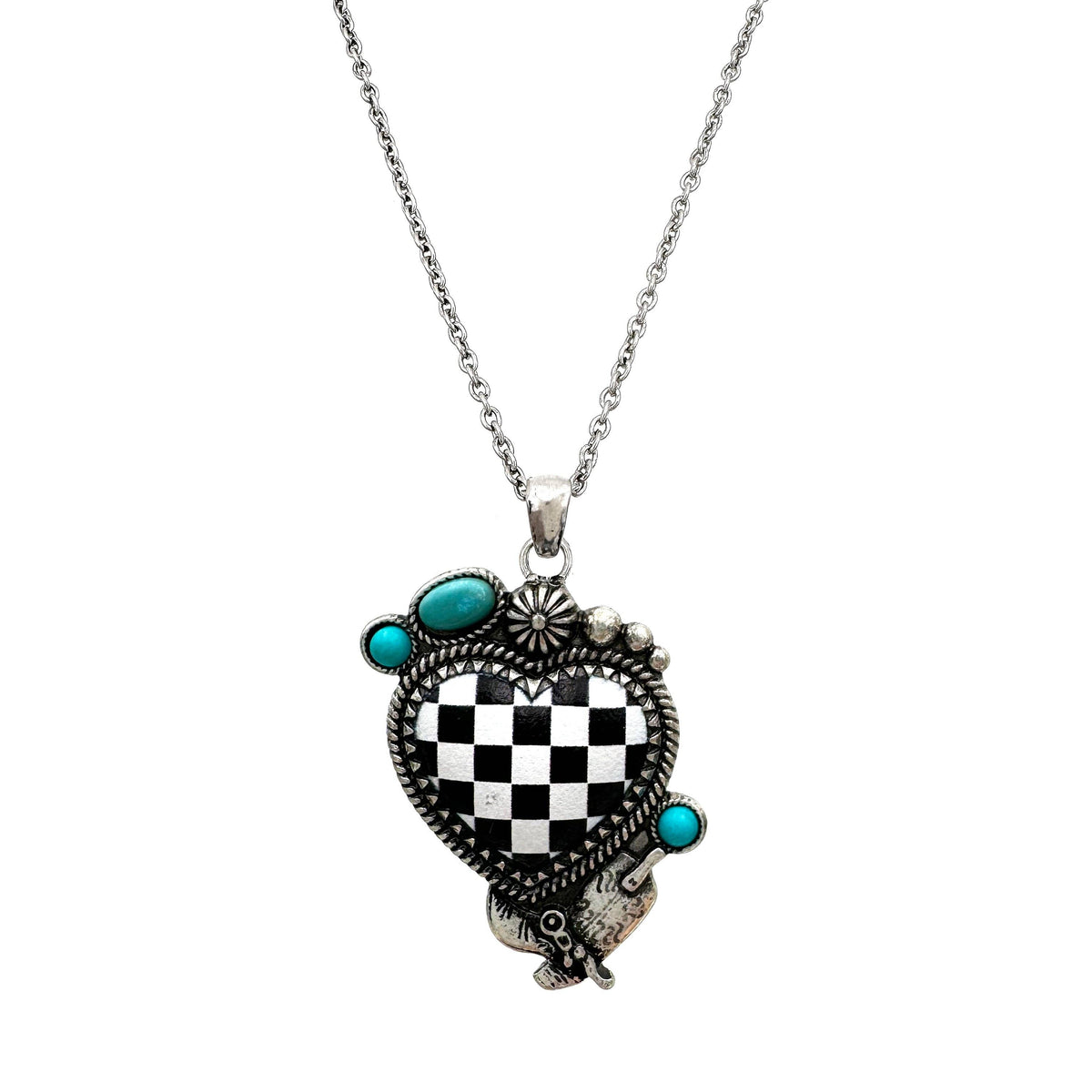 Checkered Print Western Heart Necklace Lunar Deer