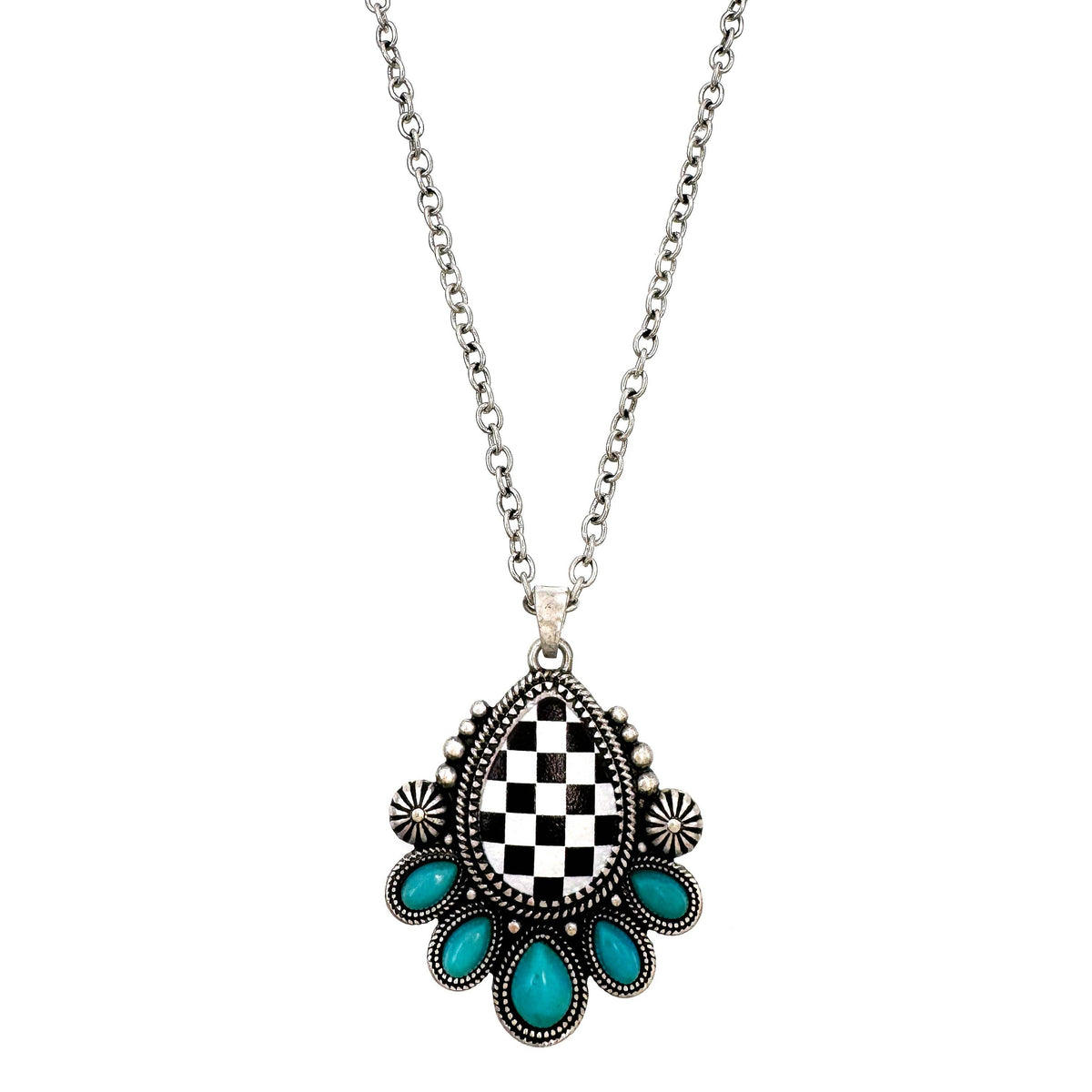 Checkered Print Western Teardrop Flower Necklace Lunar Deer