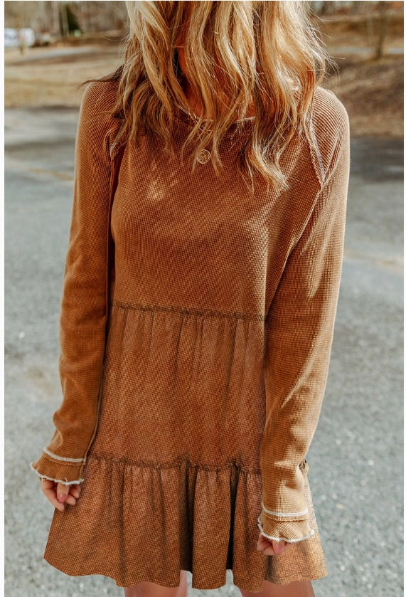 Chestnut Textured Tiered Ruffled Long Sleeve Mini Dress -Working Bull