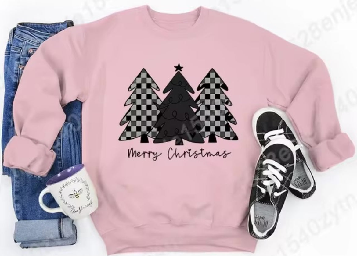 Christmas Checkered Tree Sweatshirt Pink