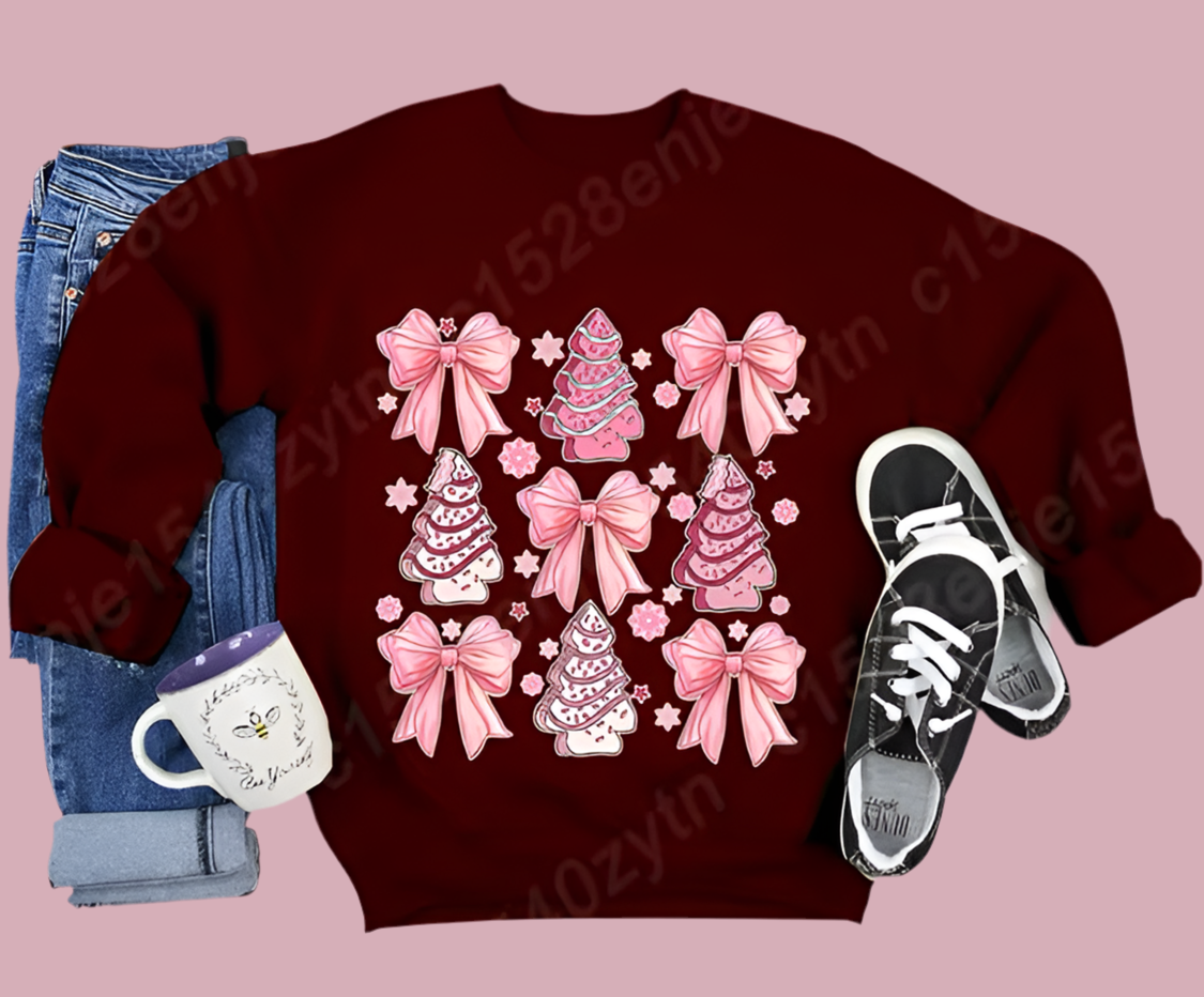 Christmas Pink Bow Pink Tree Sweatshirt Maroon