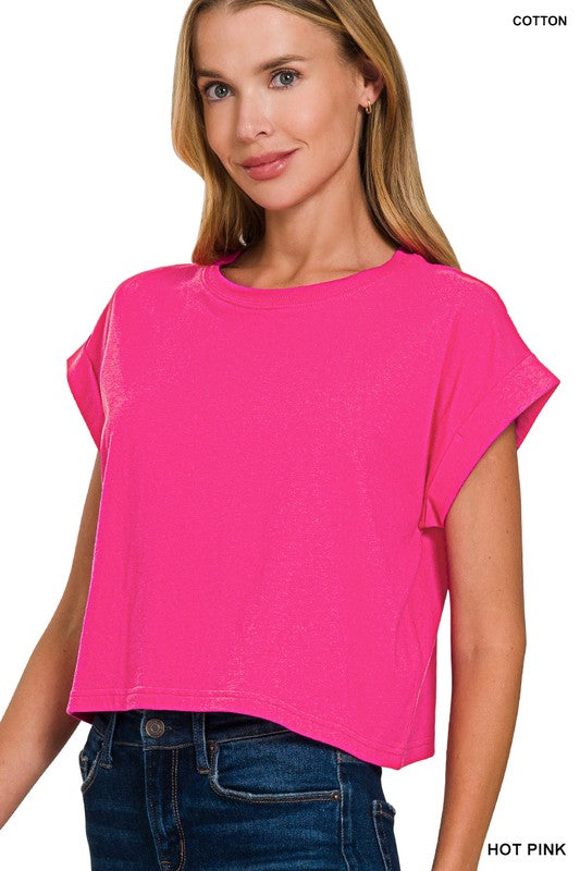 Cotton Folded Sleeve Top Zenana in Multiple Colors
