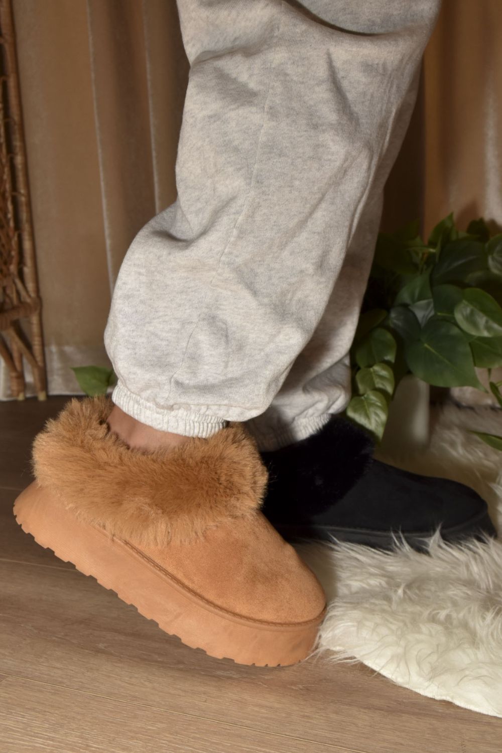 Faux Fur Platform Slip On Booties