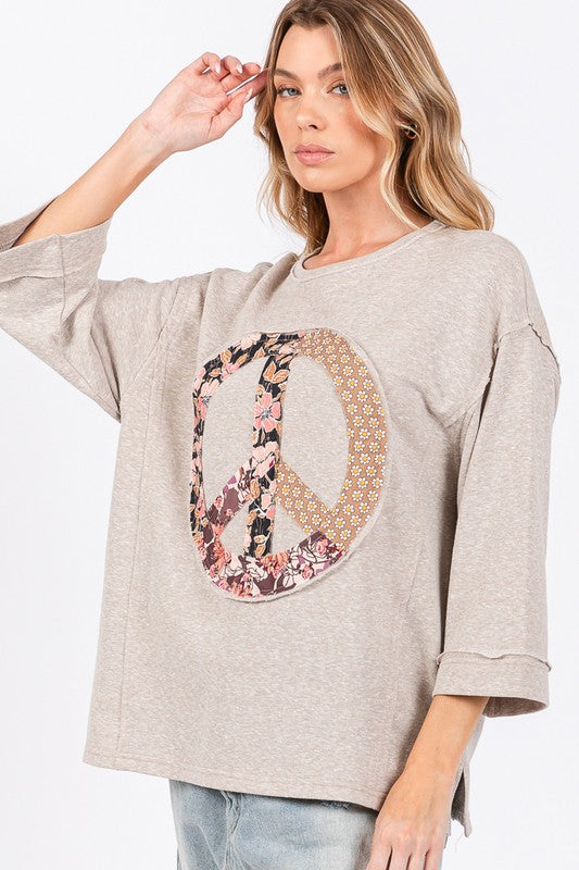 Floral Peace Patch Round Neck Top