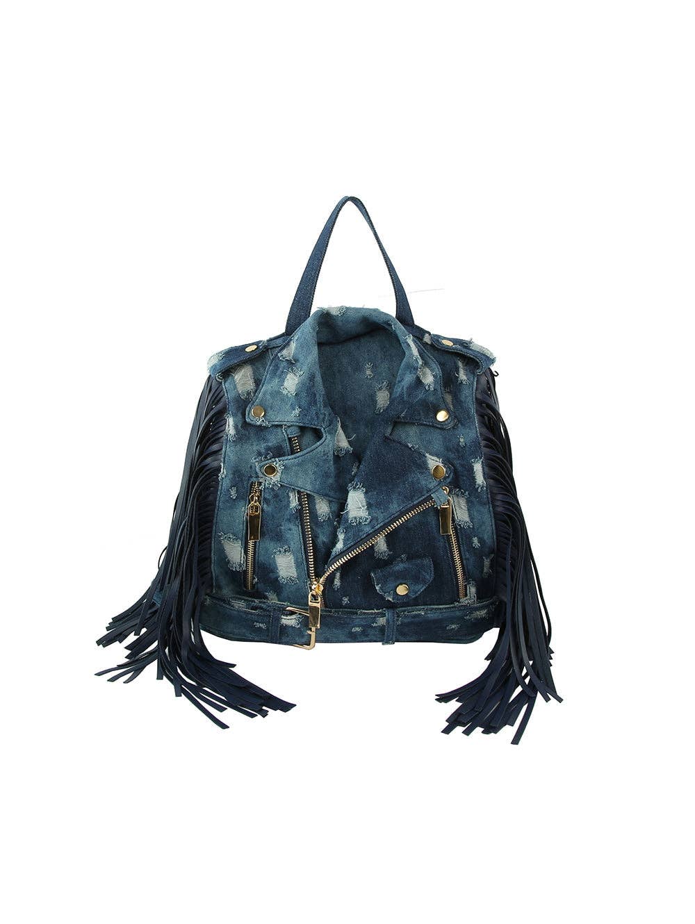denim jacket leather backpack Fringe Motorcycle Jacket Backpack Handbag Factory Corp (Dk Denim) – Love Stitches Boutique