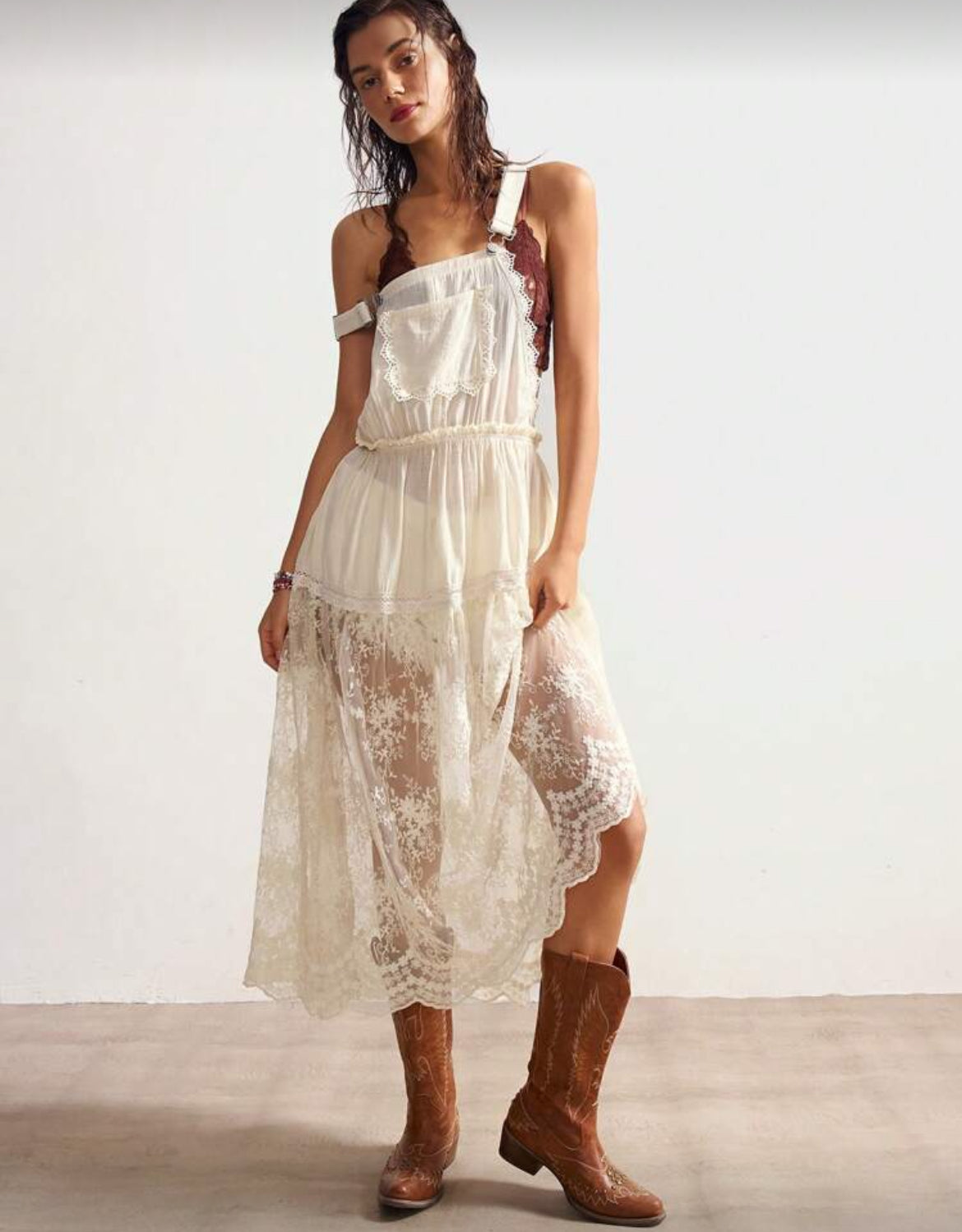 Lace Detail Sheer Jumper Dress Ivory