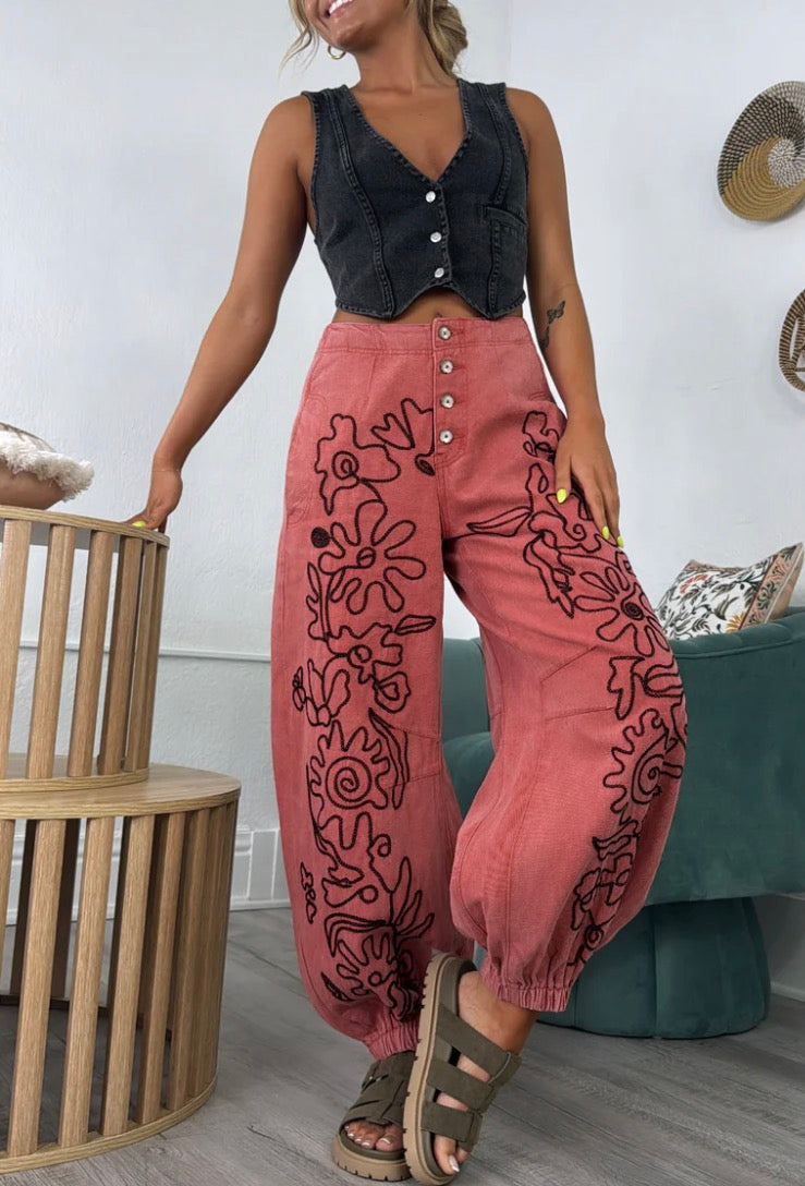 Floral Embroidered Pattern Solid Twill Jogger Pants by POL