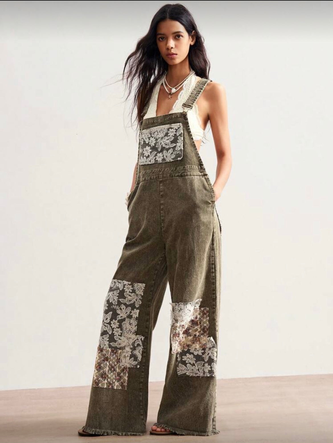 Olive Denim Jumpsuit Floral Pocket