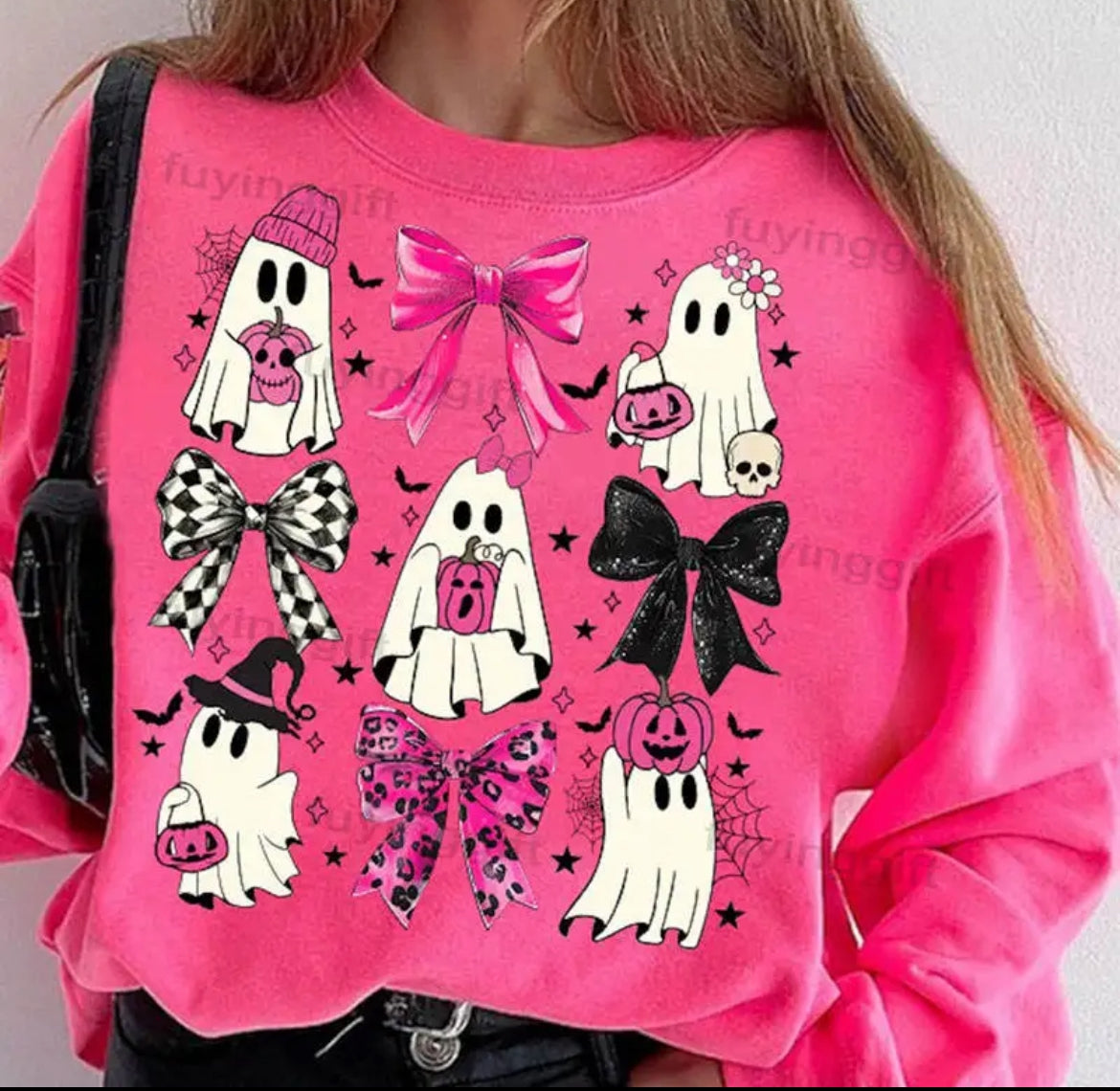 Halloween Bright Pink Ghost Black Bows Sweatshirt