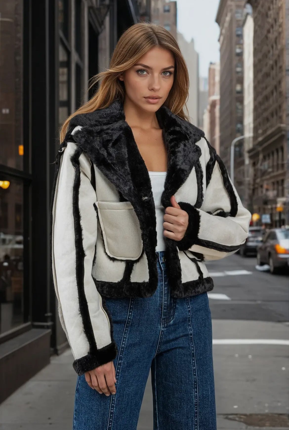 Wisteria Lane Contrast Fur Faux Suede Jacket