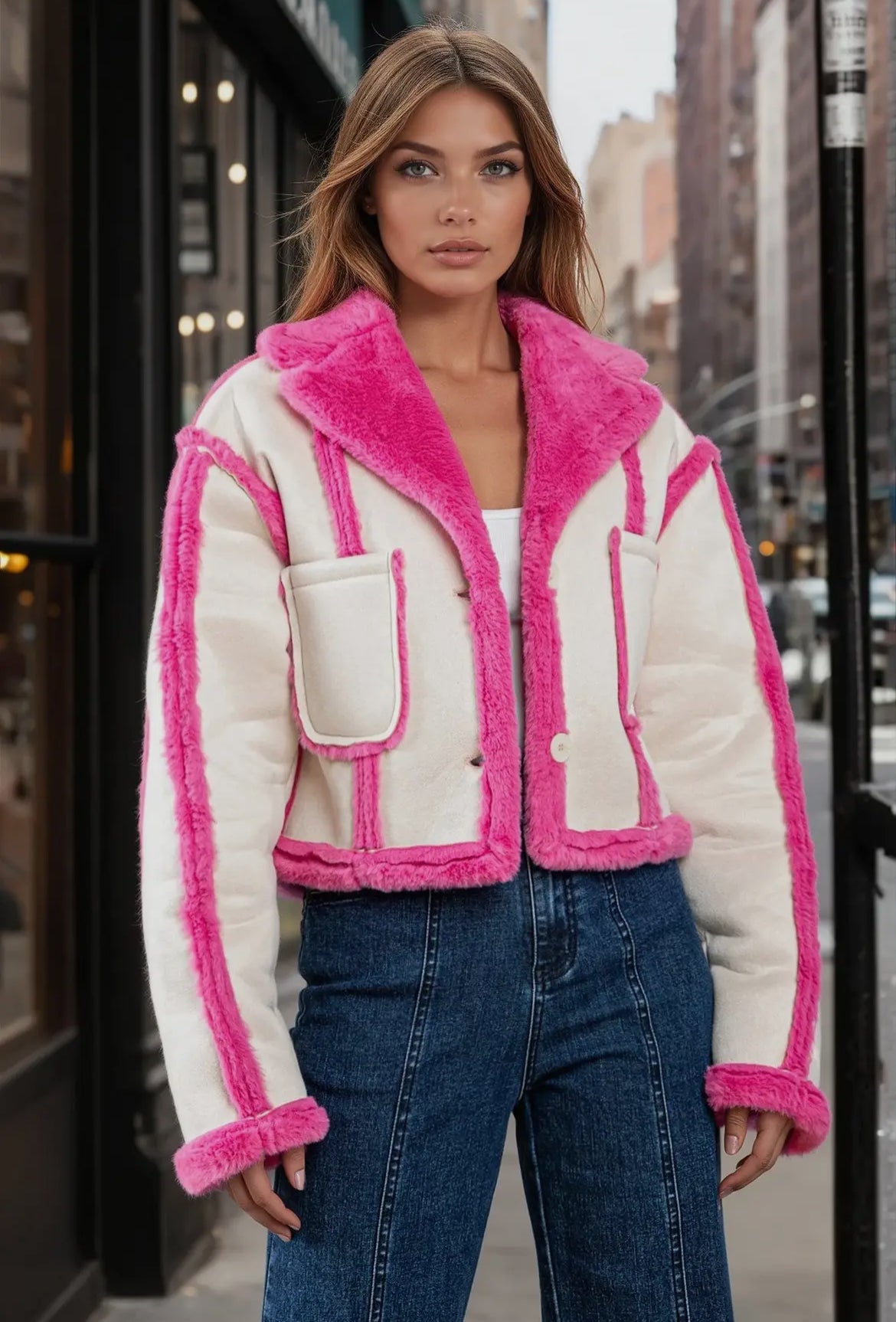 Wisteria Lane Contrast Fur Faux Suede Jacket