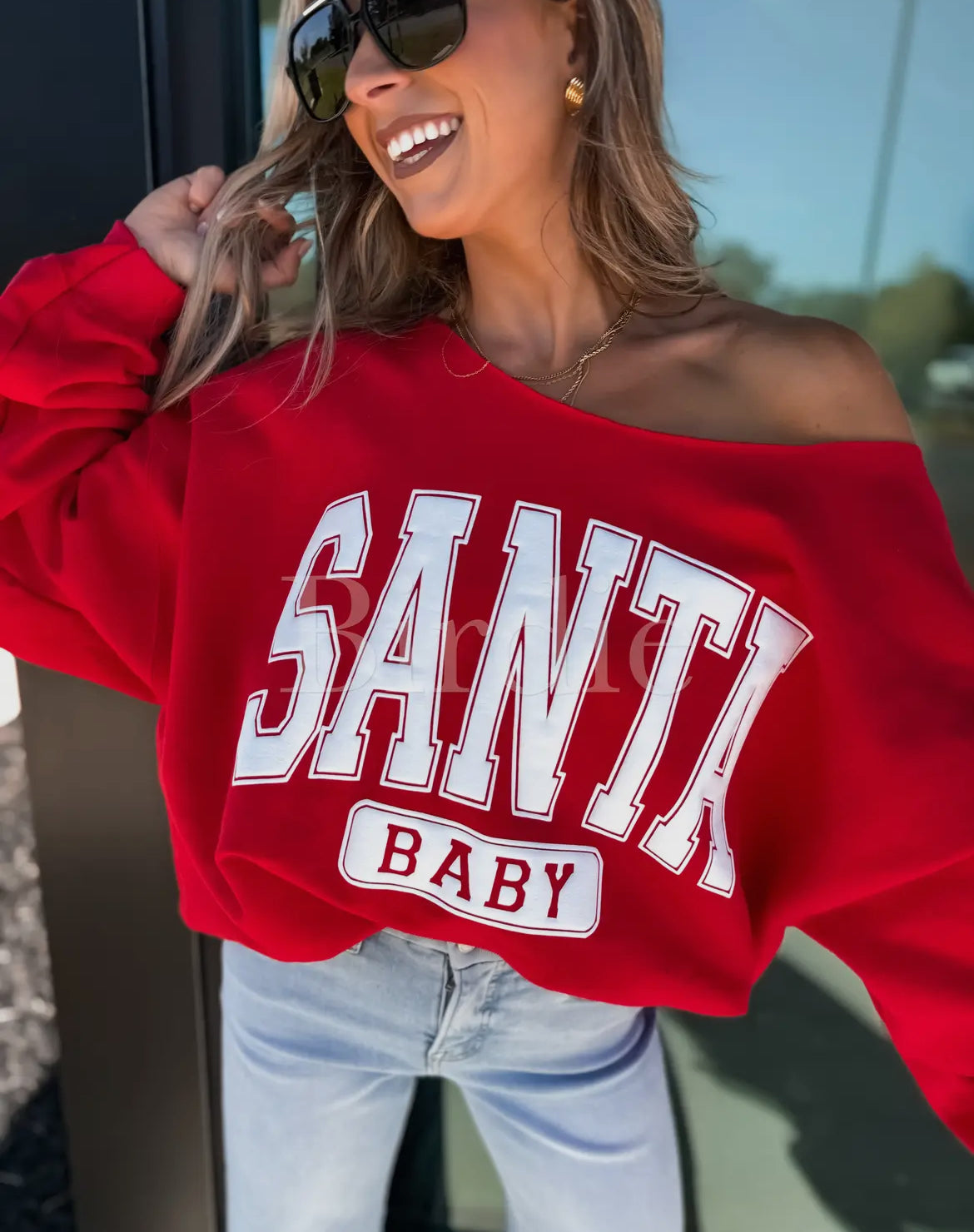 Pre Order Santa Baby Graphic Crewneck Off the Shoulder