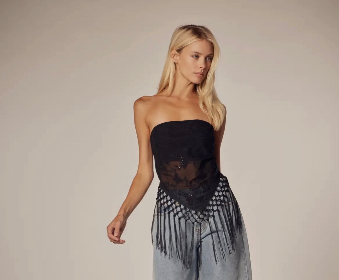 Black Embroidered Strapless Fringe Handkerchief Top by WFFS