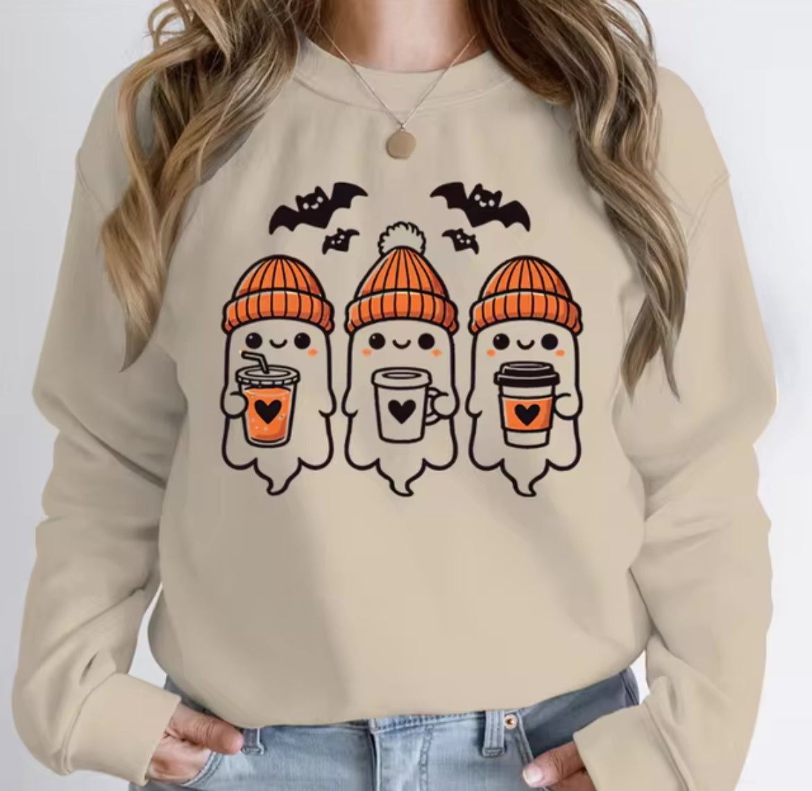 Halloween Ghost Coffee Print Spooky Sweater