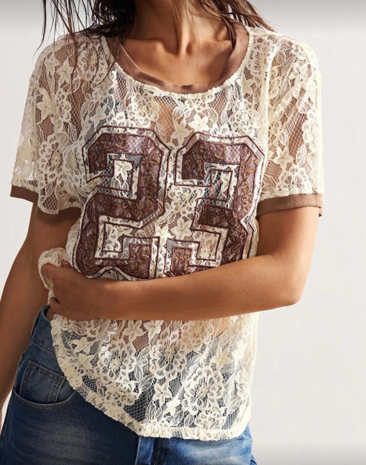 Cream Velvet Lace 23 Mesh Top Jersey