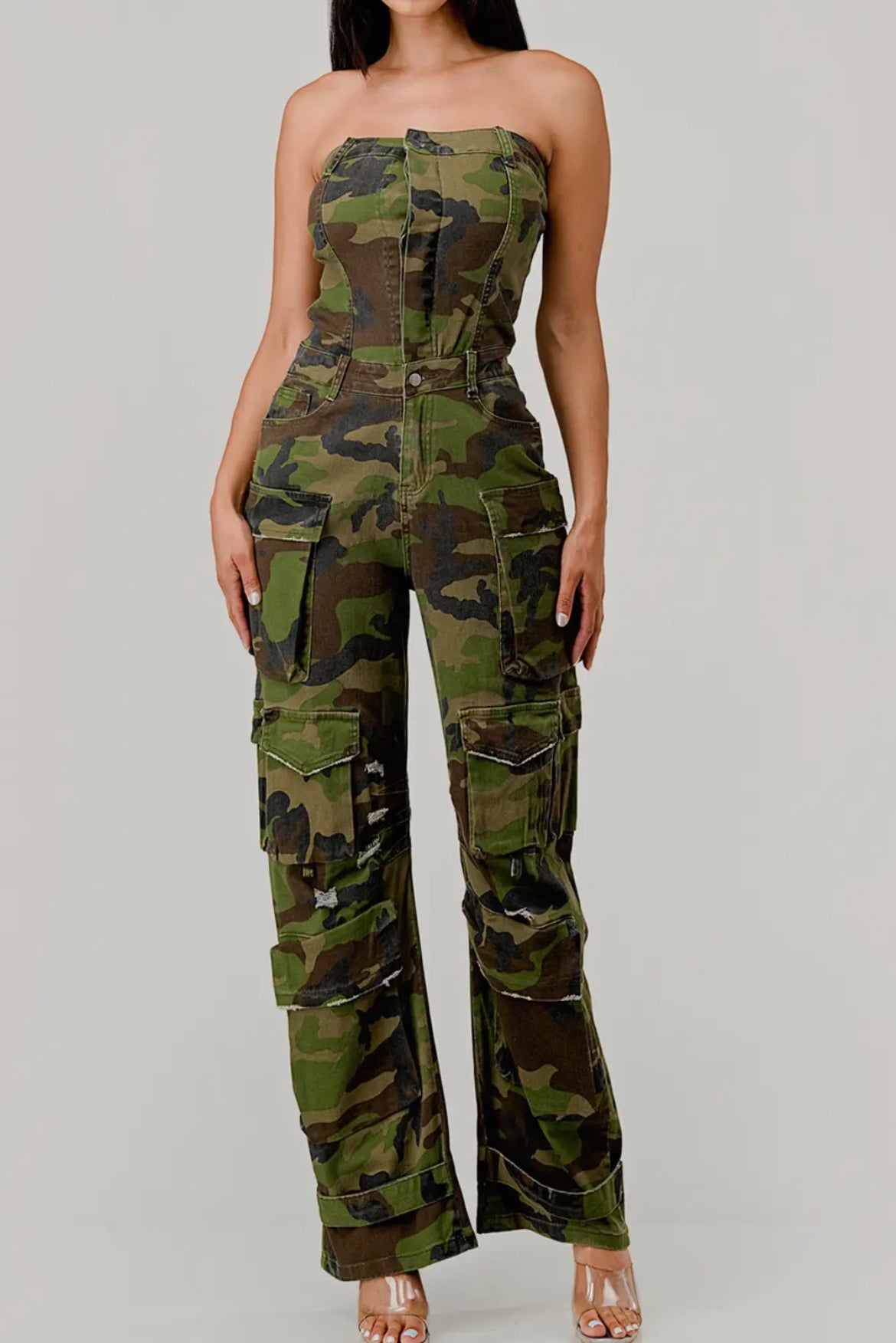 Strapless Cargo Camouflage Jumpsuit