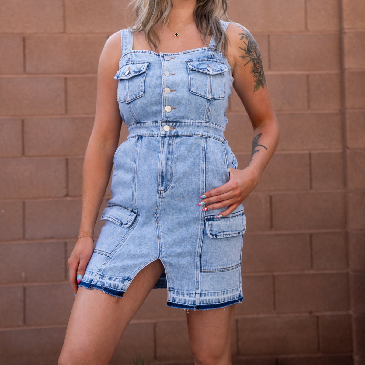 Garment Washed Button Up Utility Mini Denim Dress Stars on Pocket Blue Love Stitches Boutique Garment Washed Button Up Utility Mini Denim Dress Stars on Pocket Blue Love Stitches Boutique