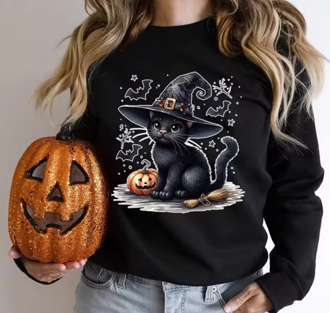 Halloween Black Cat Pumpkin Bat Print Sweatshirt