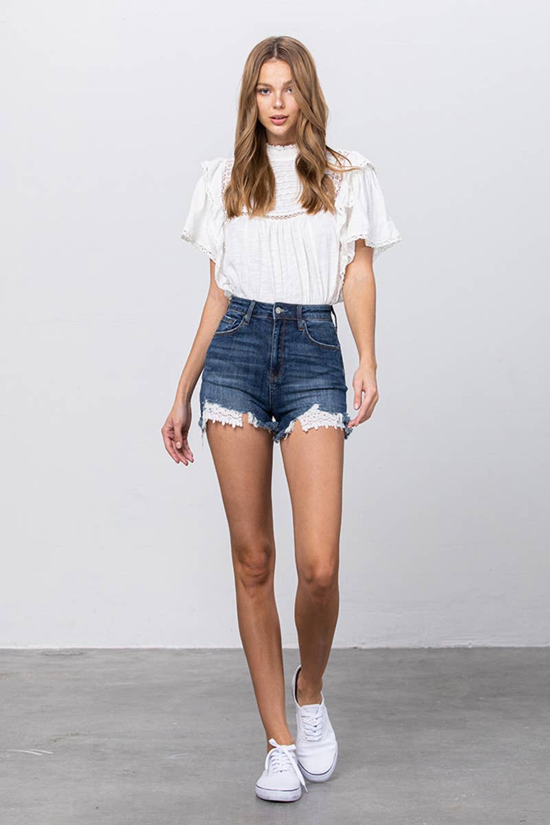 Casual Shorts High Waisted Jean Shorts With Lace Trim High Rise
