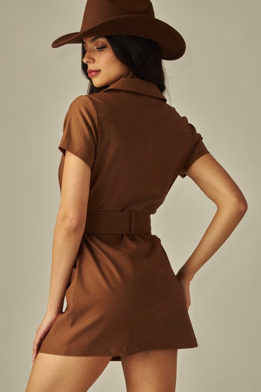 Belted Stretch Cotton Twill Western Mini Dress Red / M
