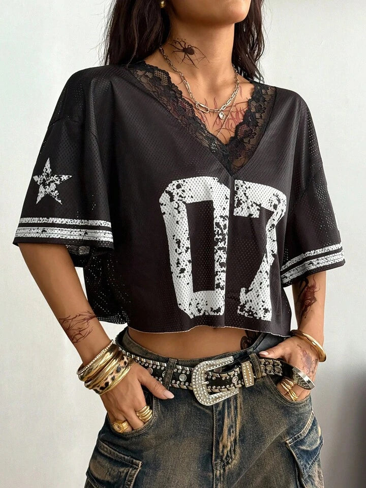 07 Black and White Lace Trim Mesh Crop Top Jersey