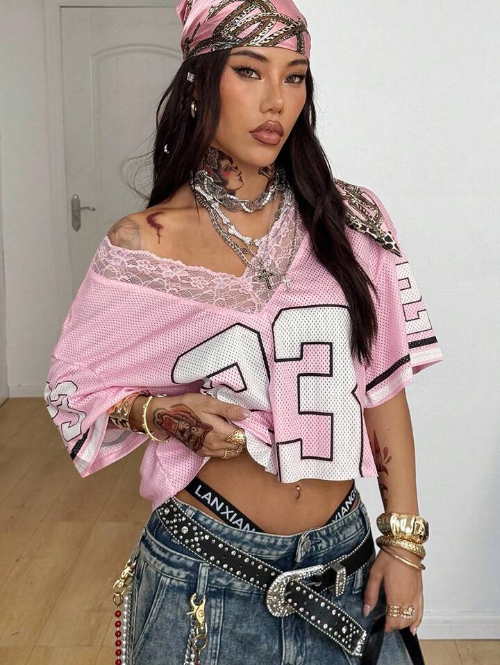 23 Pink Lace Trim Mesh Crop Top Jersey