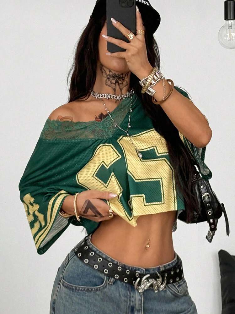 Green and Yellow Lace Trim Mesh Crop Top Jersey