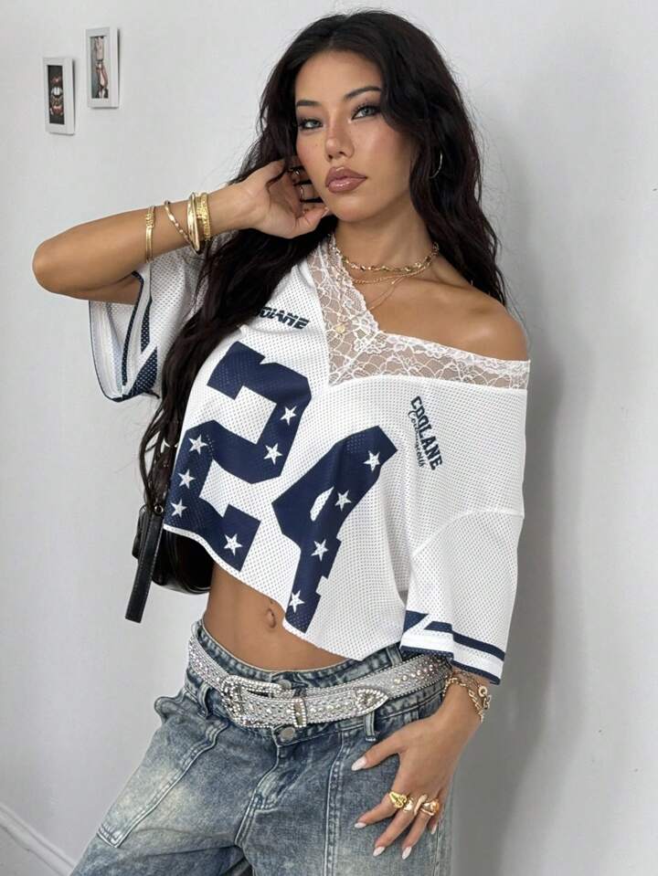 Star 24 Genius Lace Trim Crop Top Mesh Jersey by Coolane