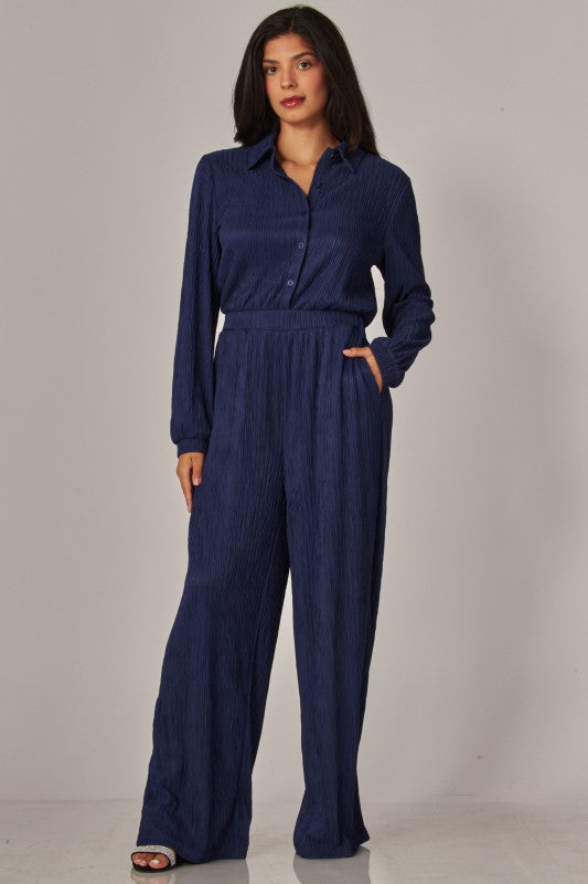 Crinkled Plisse Button Up Casual Jumpsuit