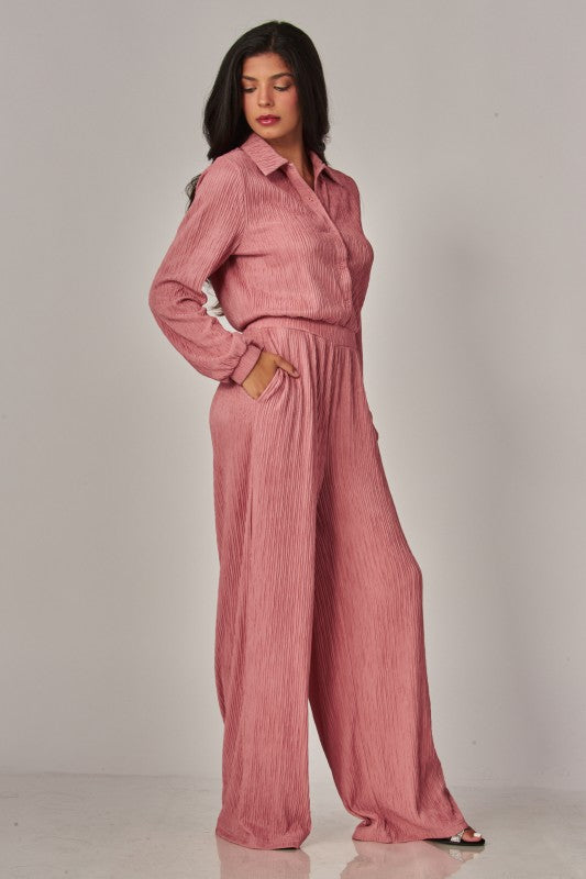 Crinkled Plisse Button Up Casual Jumpsuit