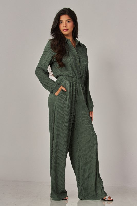 Crinkled Plisse Button Up Casual Jumpsuit
