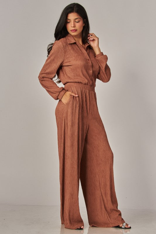 Crinkled Plisse Button Up Casual Jumpsuit