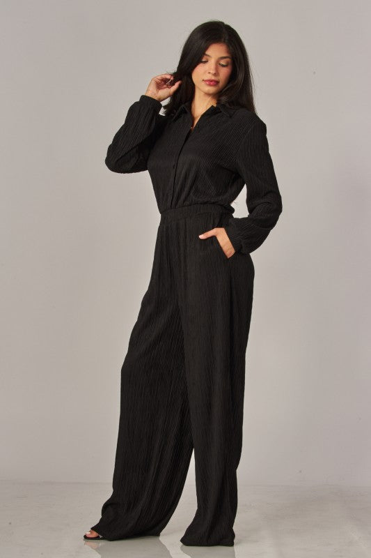 Crinkled Plisse Button Up Casual Jumpsuit