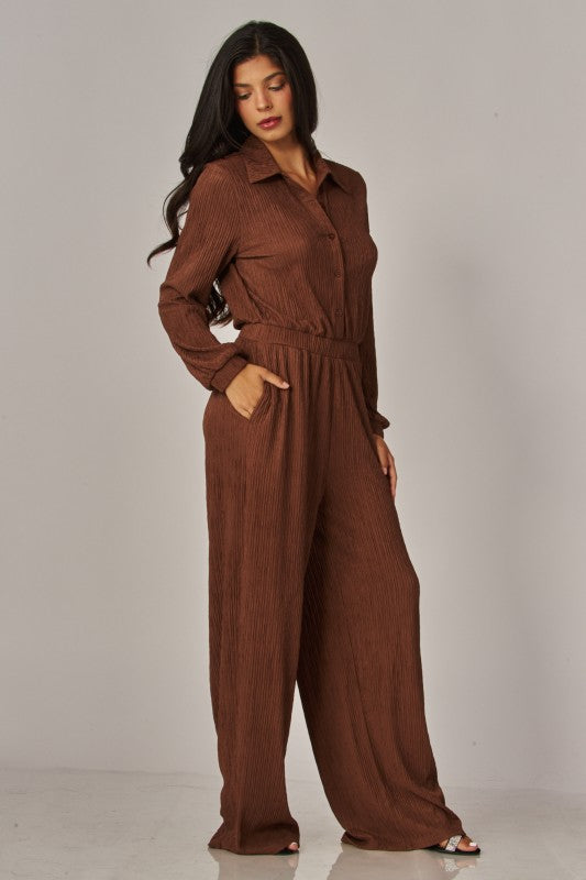 Crinkled Plisse Button Up Casual Jumpsuit