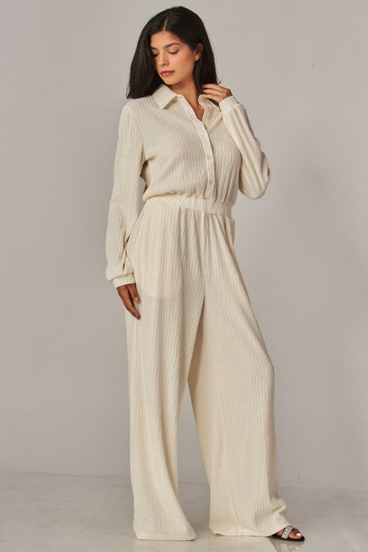 Crinkled Plisse Button Up Casual Jumpsuit