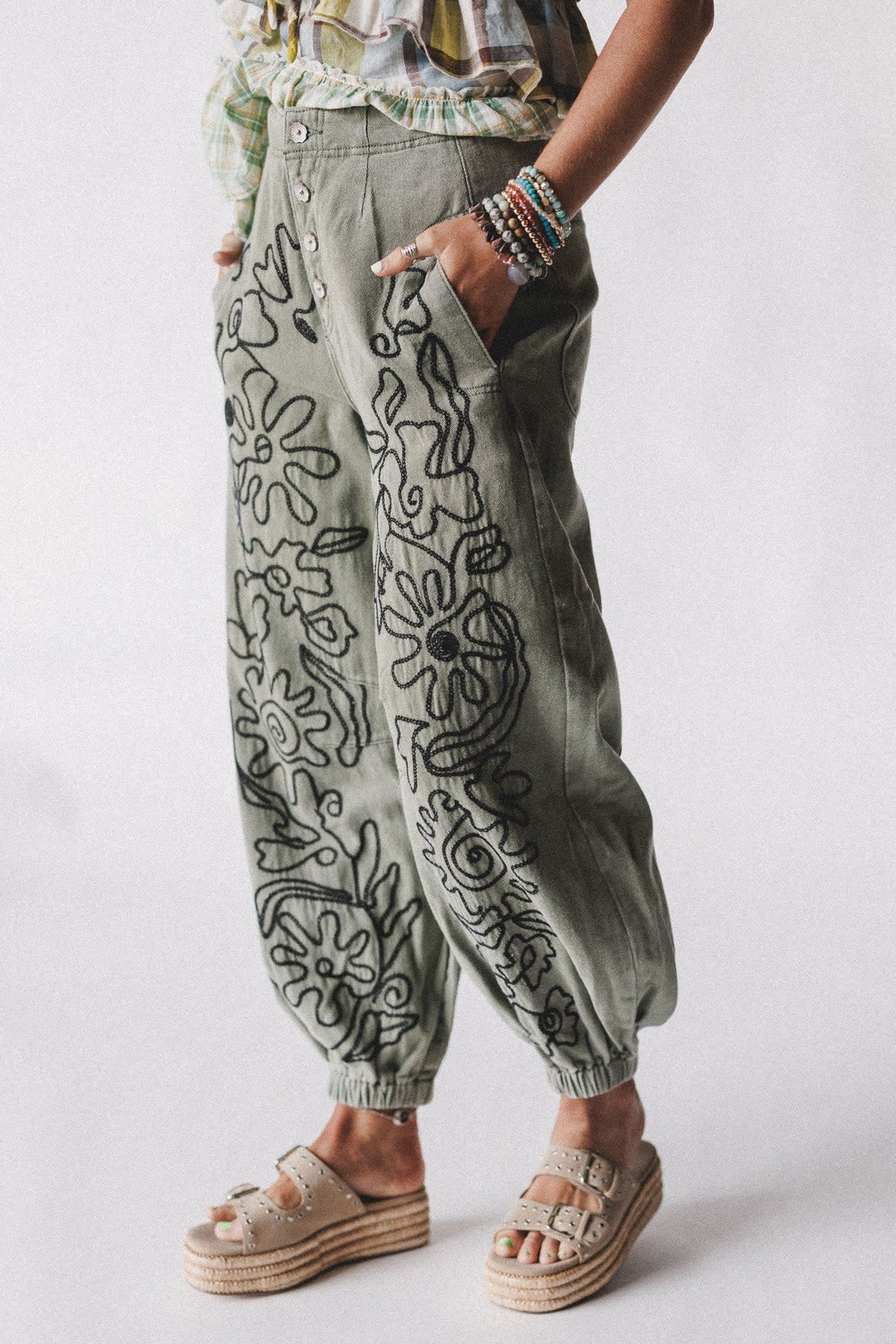 Floral Embroidered Pattern Solid Twill Jogger Pants by POL
