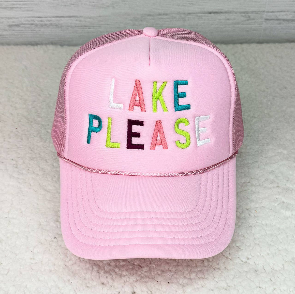 Lake Please Embroidered Pink Trucker Cap- Trendy Tee Co.