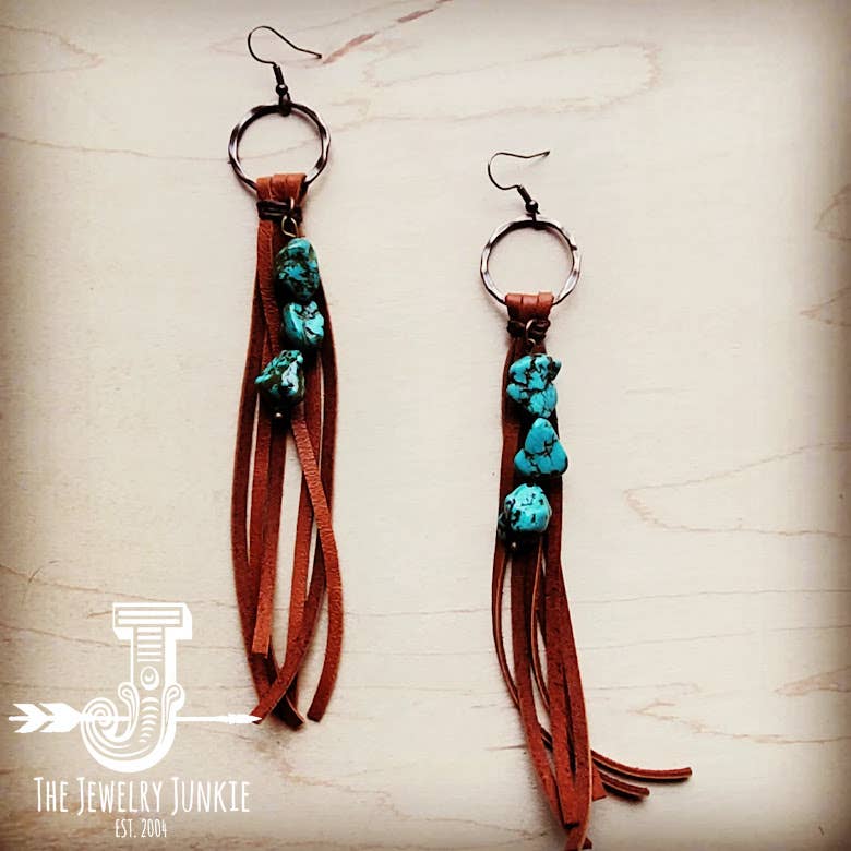 Leather Fringe Earrings with Turquoise Chunks The Jewelry Junkie