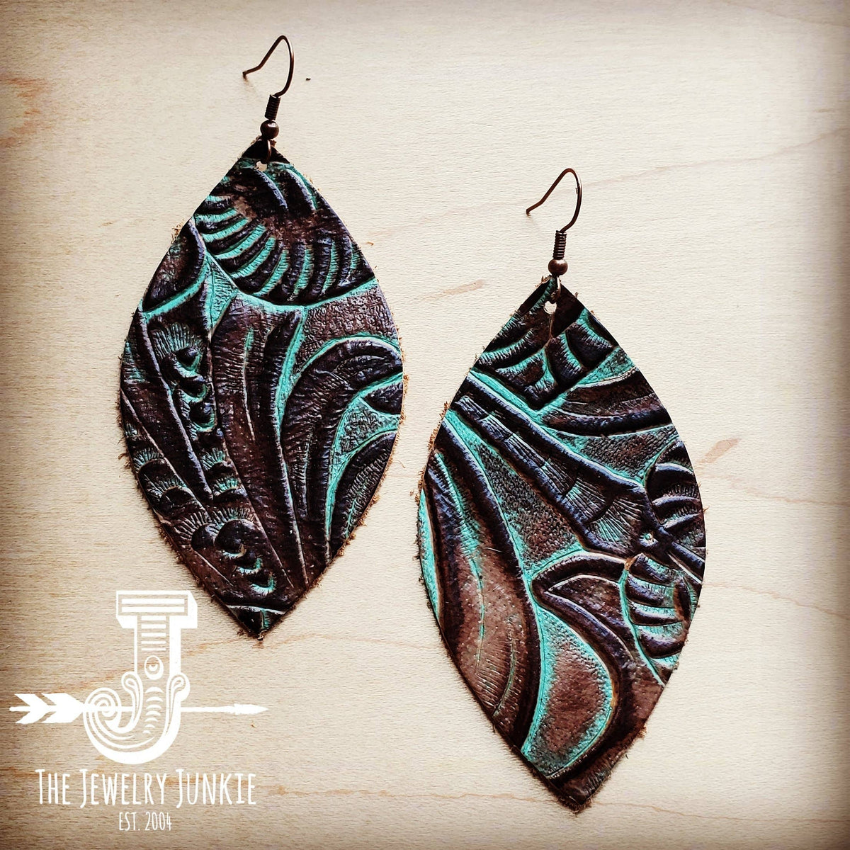 Leather Oval Earrings Turquoise Brown Floral