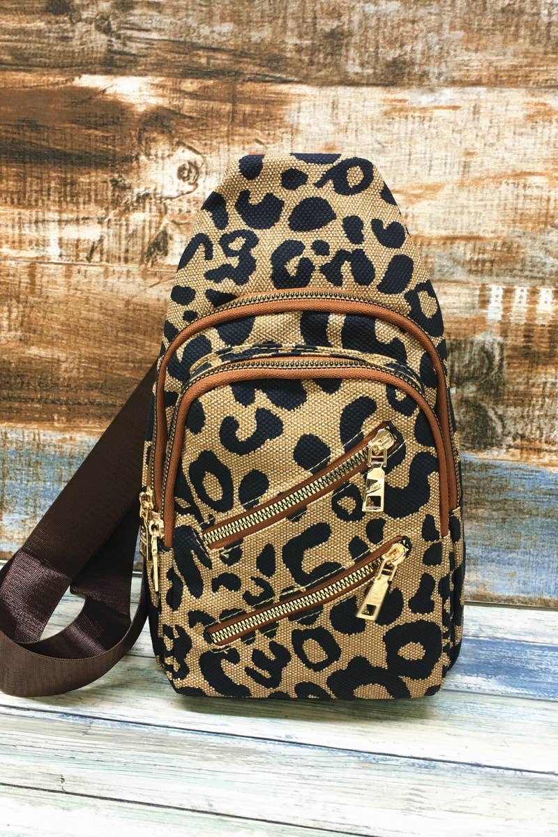 Leopard Double Zipper Crossbody Sling Bag- Desheng Enterprise