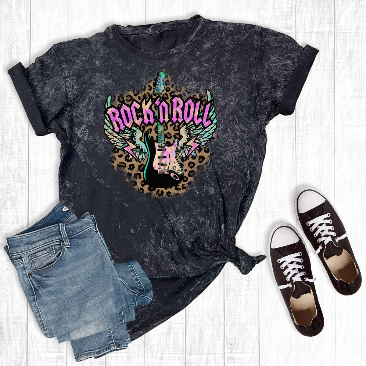 Leopard Rock And Roll Guitar Mineral Wash T Shirt