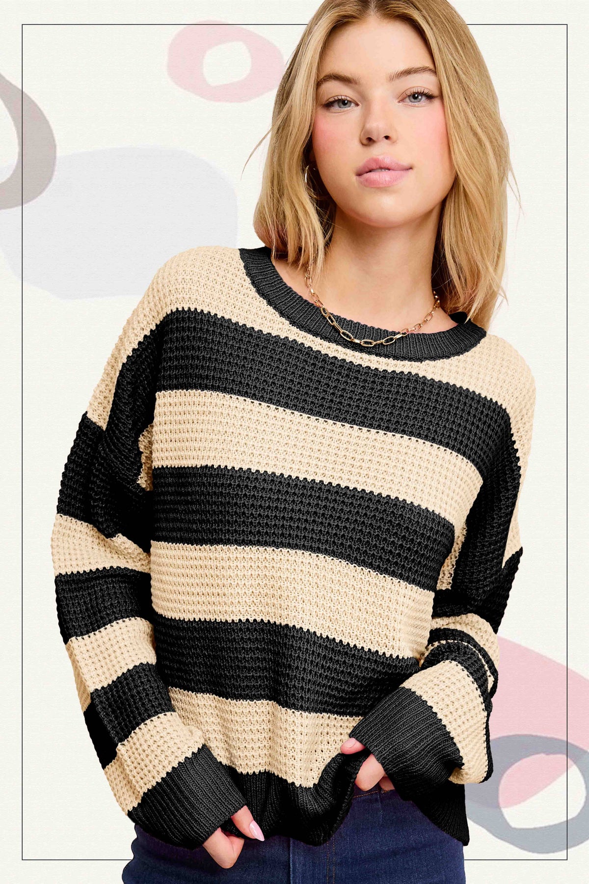 Loose Fit Striped Round Neck Long Sleeve Sweater (Oreo)