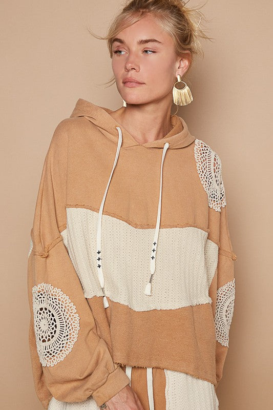 Openwork Contrast Dropped Shoulder Hoodie