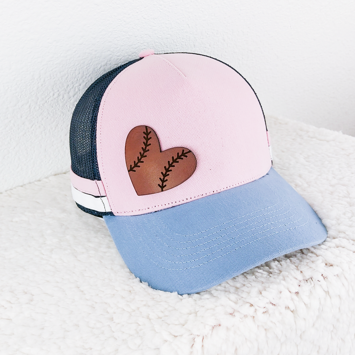 Pink and Navy Trucker Hat With Baseball Heart Leather Patch- Trendy Tee Co.