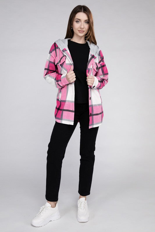 Plaid Drawstring Hooded Fleece Shacket (Pink)