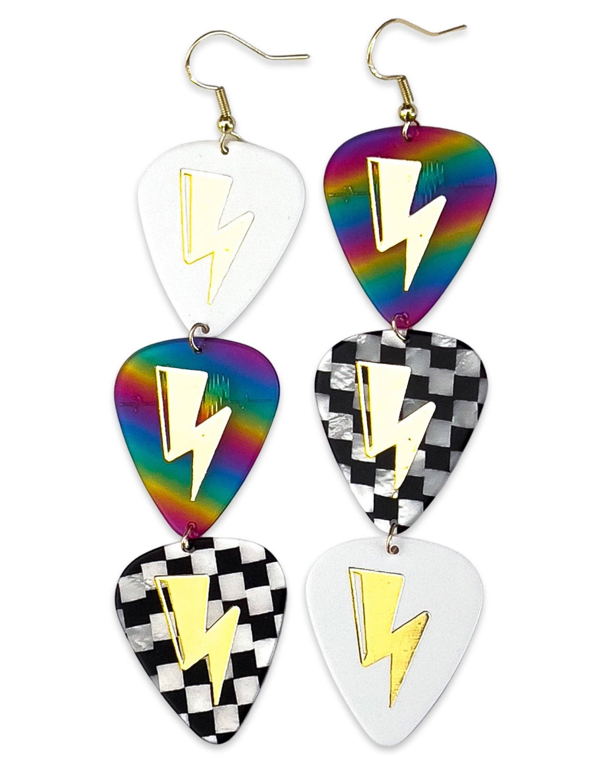 Rainbow Checkerboard Gold Triple Guitar Pick Earrings Groupie Love